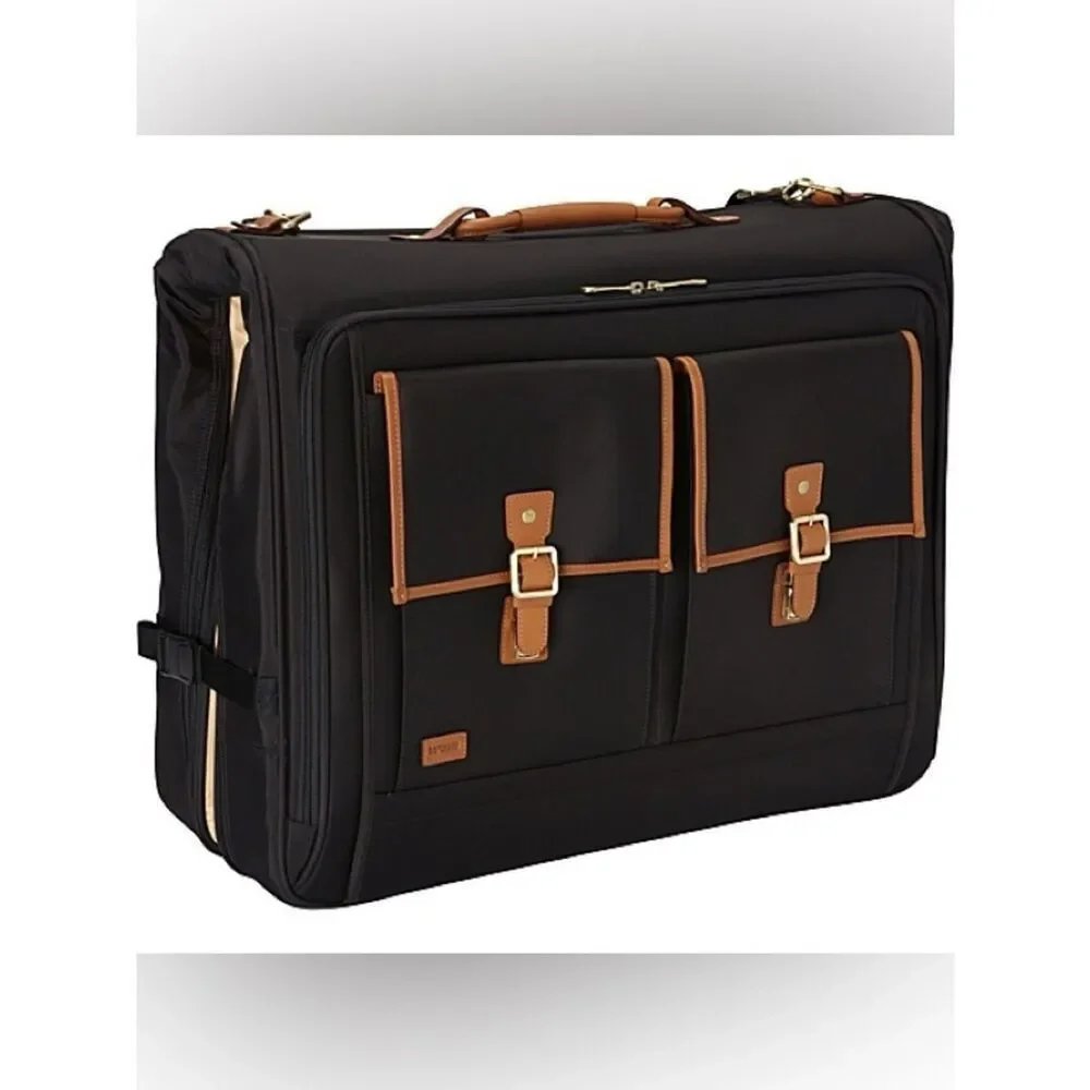 Hartmann Black Rolling Garment Bag w/Tan Leather Trim & Gold Satin Interior